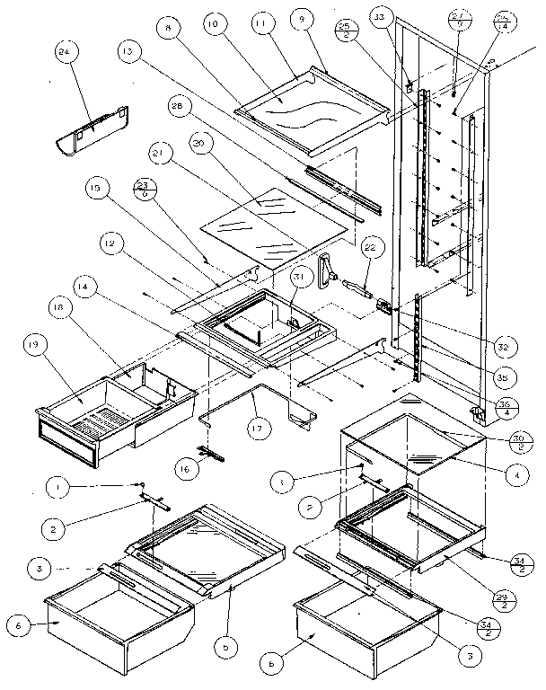 Amana 36768-P1135804W refrigerator shelving & drawers diagram
