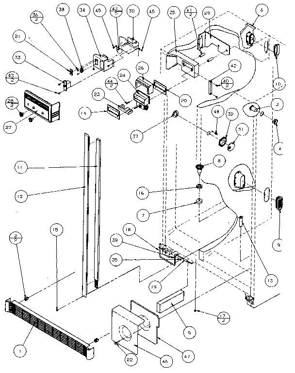 Amana 36768-P1135804W refrigerator, freezer controls, & cabinet diagram