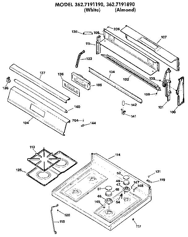 Kenmore 3627191190 main top section diagram