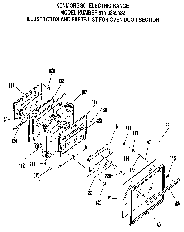Kenmore 9119349182 oven door section diagram