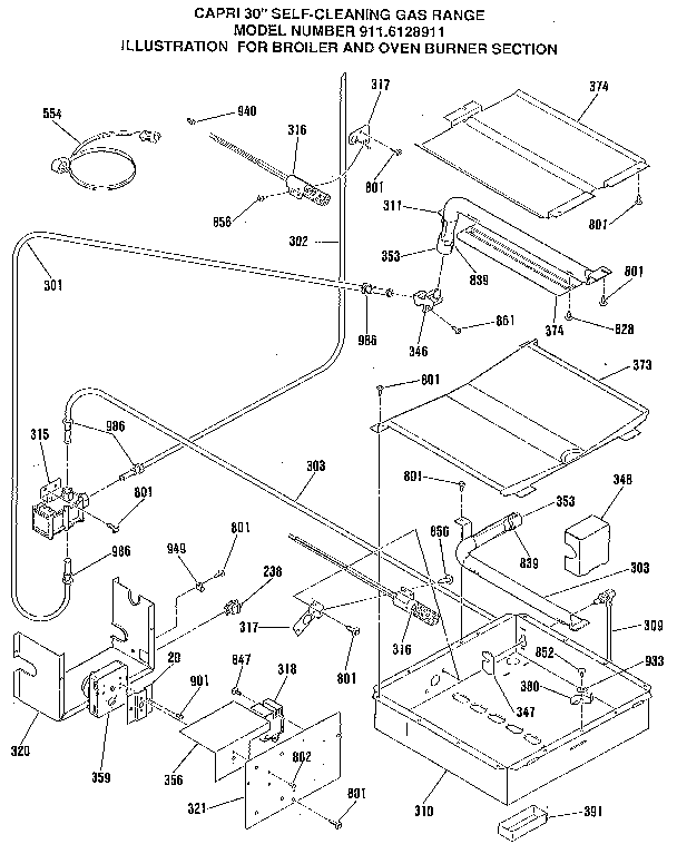 Kenmore 9116128911 broiler and oven burner section diagram