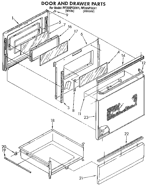 Whirlpool RF395PXXW1 door and drawer diagram