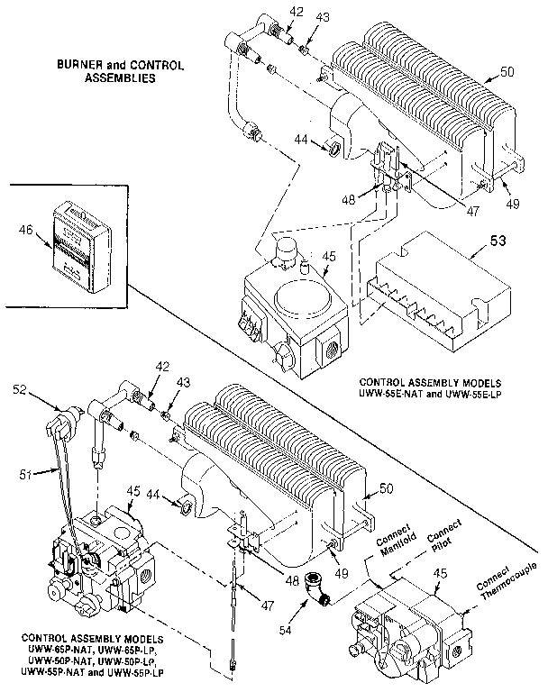 Suburban UWW-55P-NAT burner and control assemblies diagram