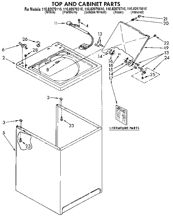 Kenmore 11082979610 top and cabinet diagram