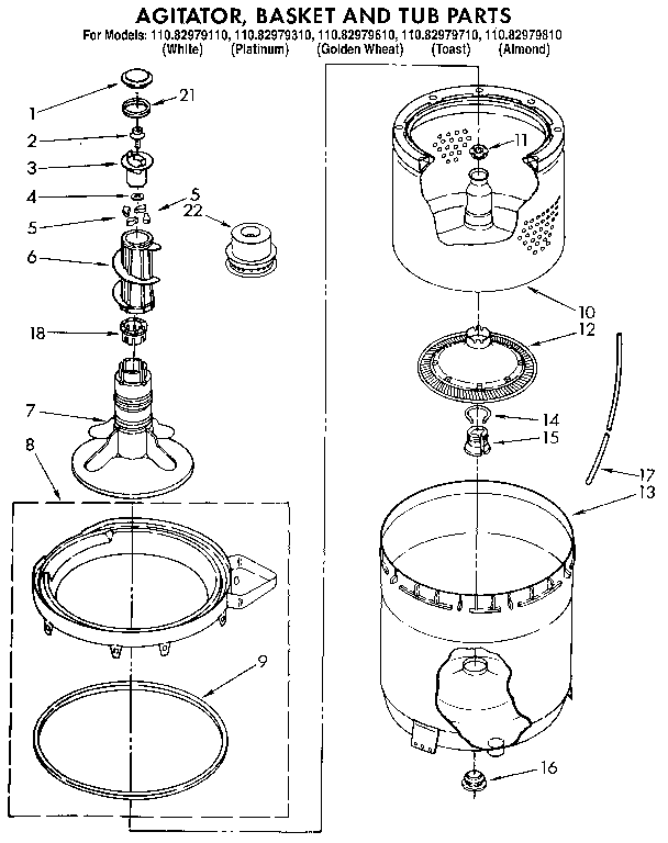 Kenmore 11082979610 agitator, basket and tub diagram