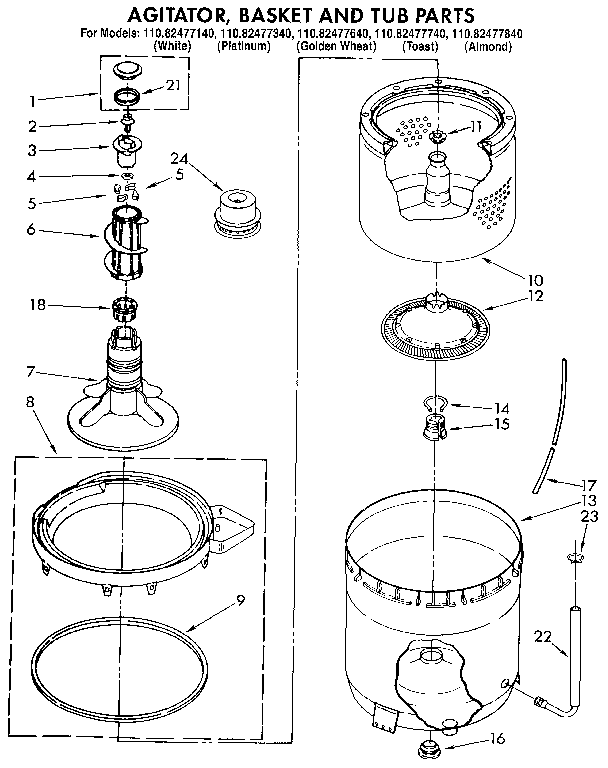 Kenmore 11082477640 agitator, basket and tub diagram