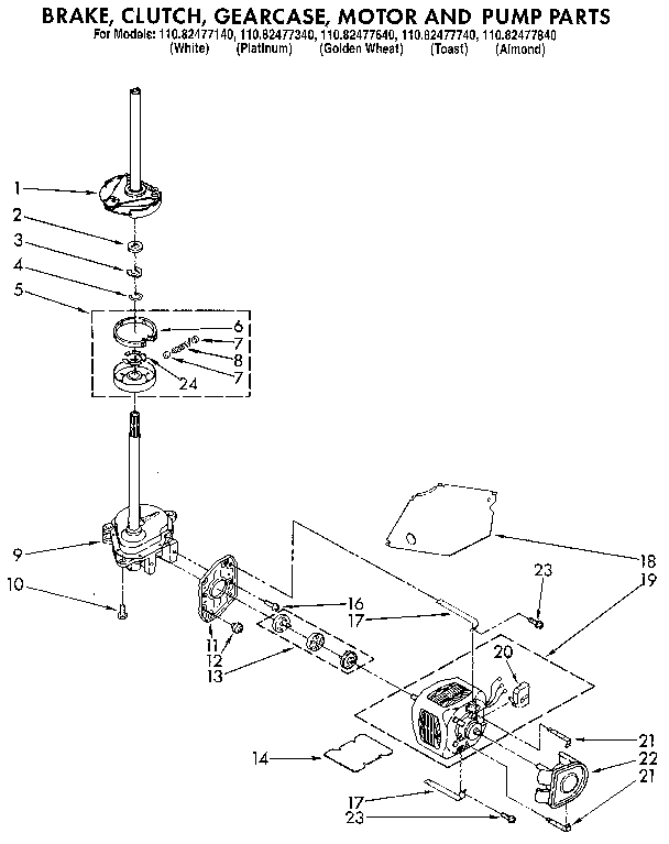 Kenmore 11082477640 brake, clutch, gearcase, motor and pump diagram