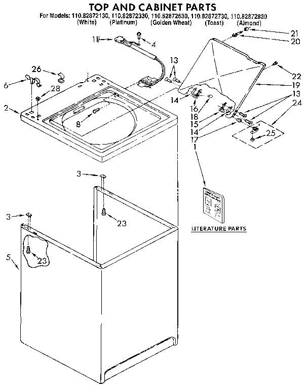 Kenmore 11082872130 top and cabinet parts diagram