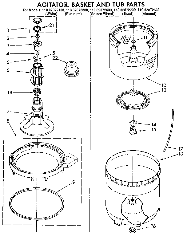 Kenmore 11082872130 agitator, basket and tub diagram