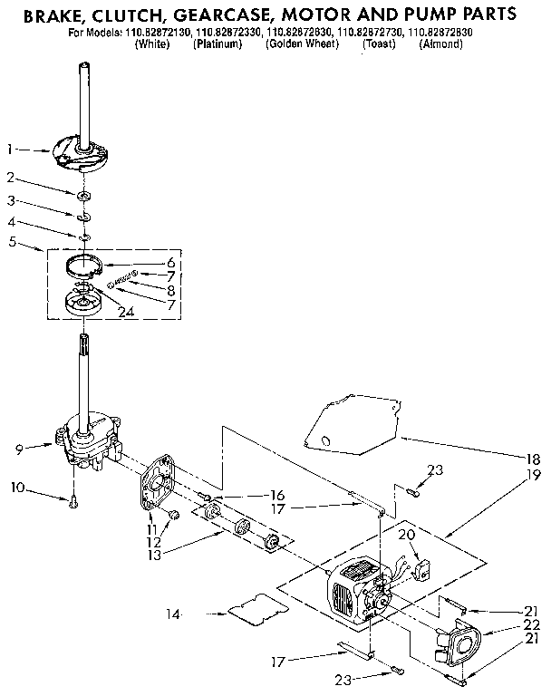 Kenmore 11082872130 brake, clutch, gearcase, motor and pump diagram