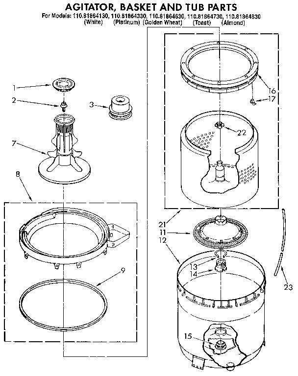Kenmore 11081864730 agitator, basket and tub diagram
