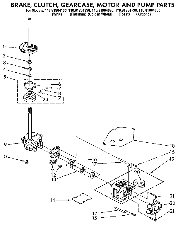 Kenmore 11081864730 brake, clutch, gearcase, motor and pump diagram