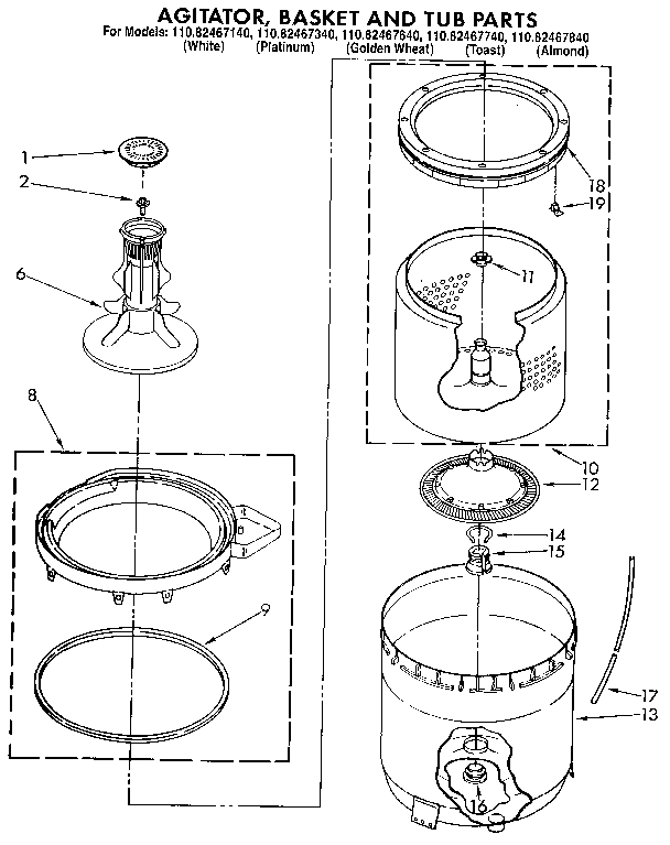 Kenmore 11082467740 agitator, basket and tub diagram