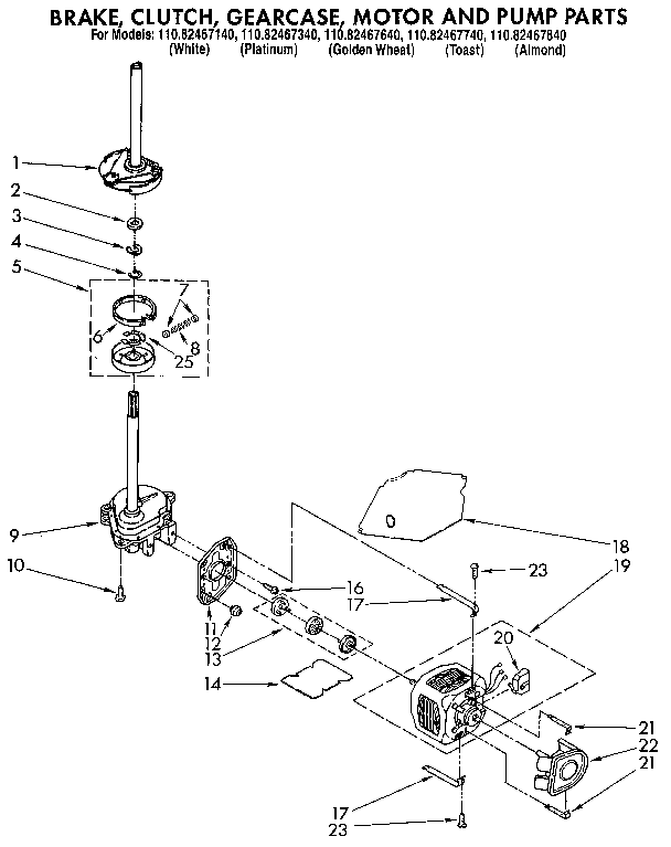 Kenmore 11082467740 brake, clutch, gearcase, motor and pump diagram