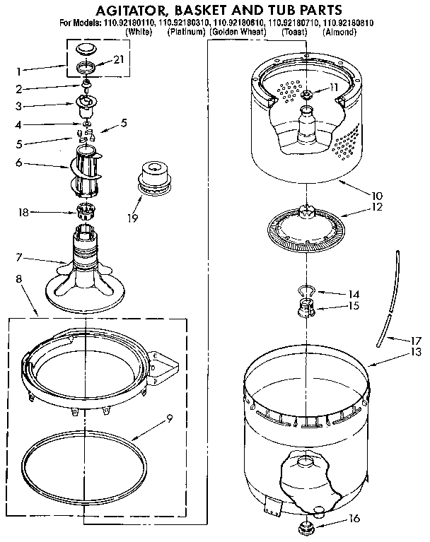 Kenmore 11092180610 agitator, basket and tub diagram