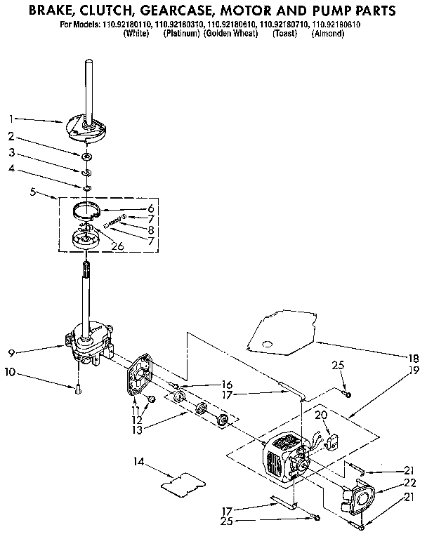 Kenmore 11092180610 brake, clutch, gearcase, motor and pump diagram