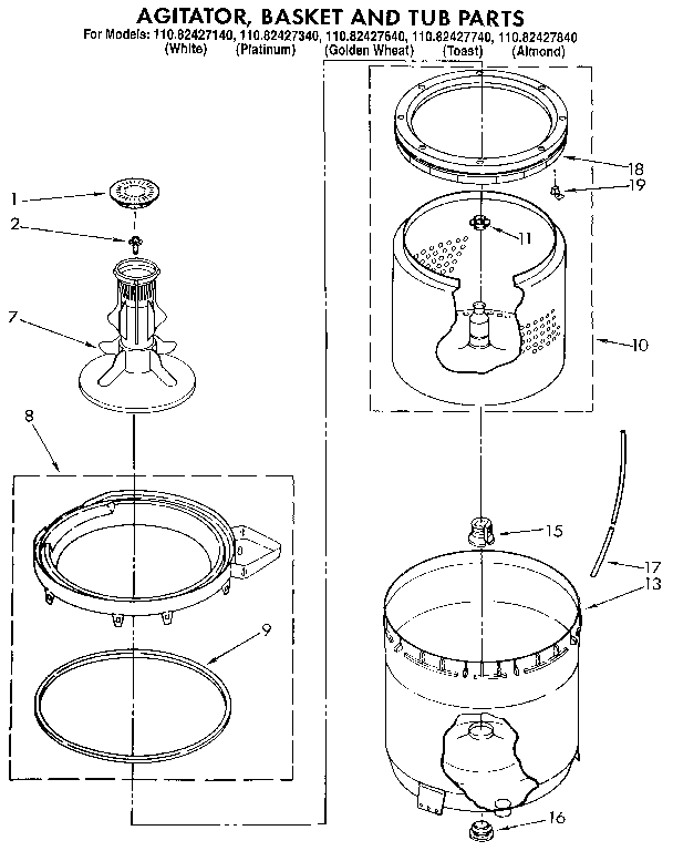 Kenmore 11082427340 agitator, basket and tub diagram
