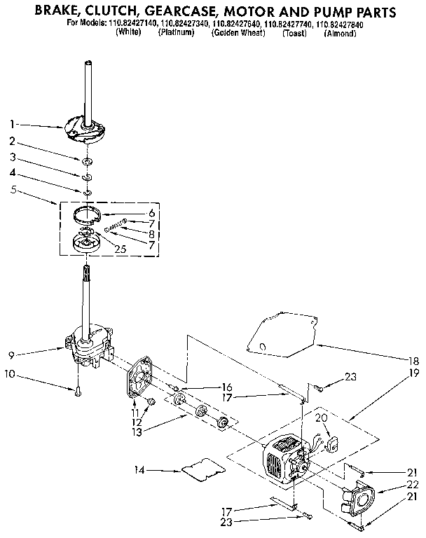 Kenmore 11082427340 brake, clutch, gearcase, motor and pump diagram