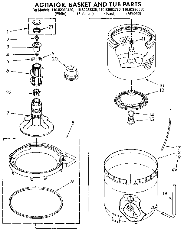 Kenmore 11082983730 agitator, basket and tub diagram