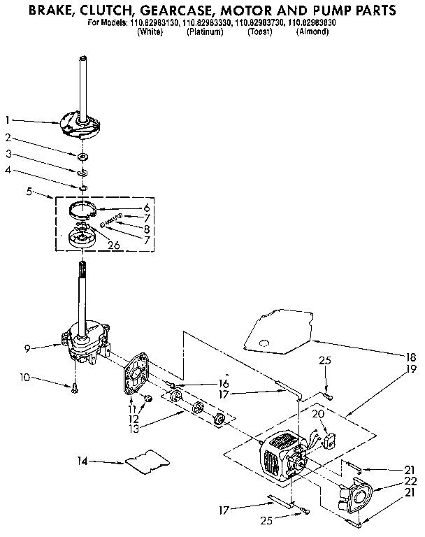 Kenmore 11082983730 brake, clutch, gearcase, motor and pump diagram