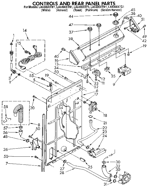Whirlpool LA5300XTF1 controls and rear panel diagram