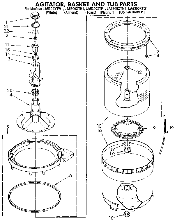 Whirlpool LA5300XTF1 agitator, basket and tub diagram