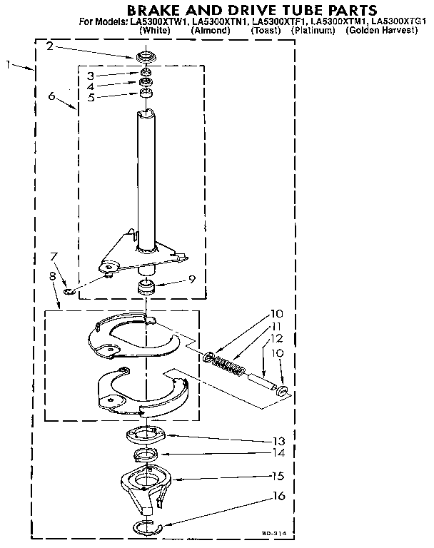 Whirlpool LA5300XTF1 brake and drive tube diagram