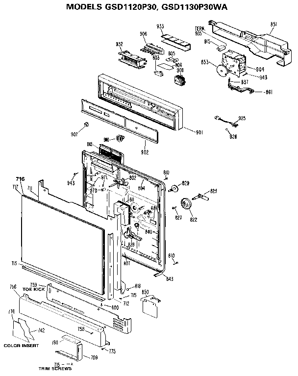 GE GSD1130P30WA control panel and front diagram