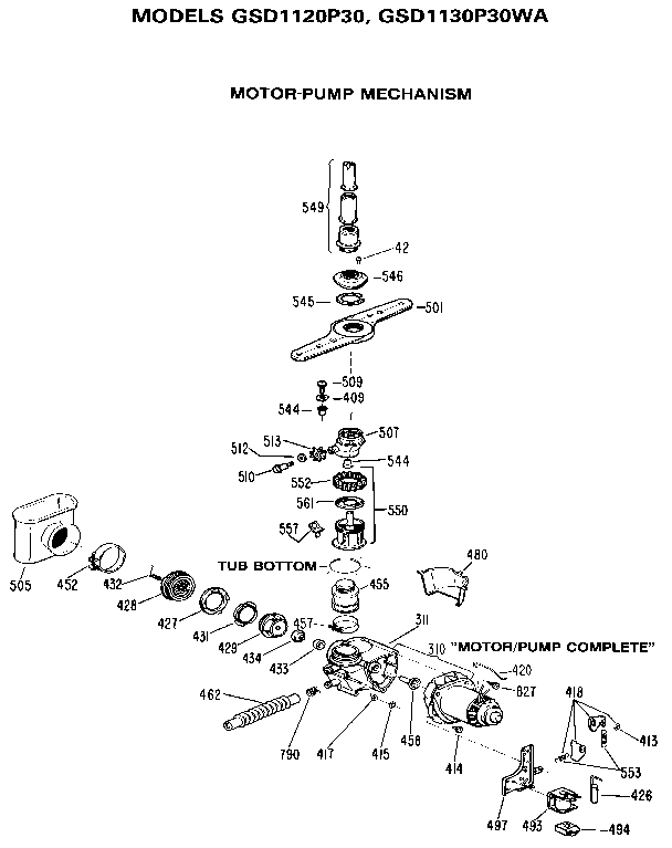 GE GSD1130P30WA motor and pump assembly diagram