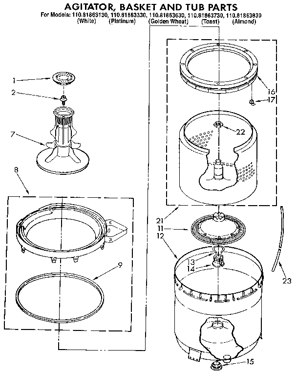 Kenmore 11081863330 agitator, basket and tub diagram