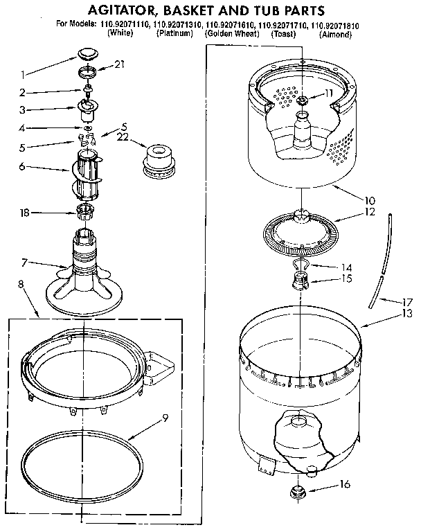 Kenmore 11092071310 agitator, basket and tub diagram