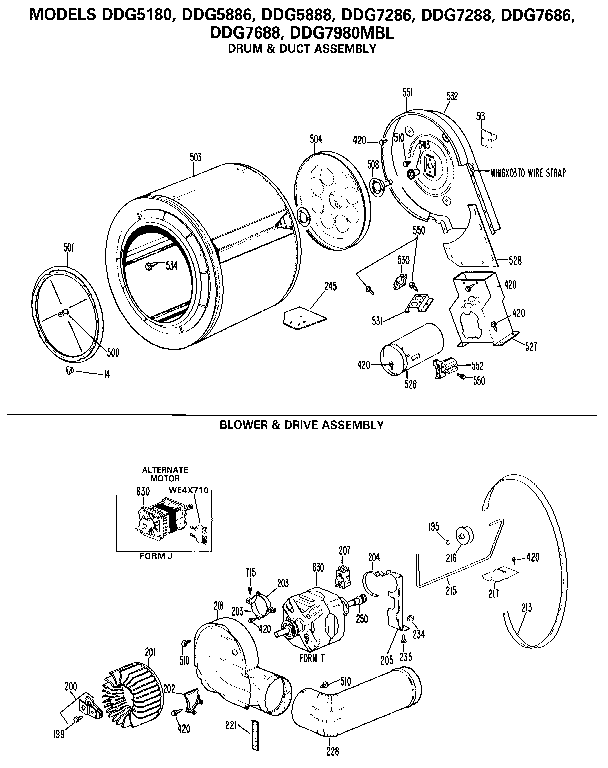 GE DDG5886 drum/heater/blower and drive diagram