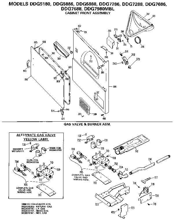 GE DDG5886 cabinet front and burner diagram