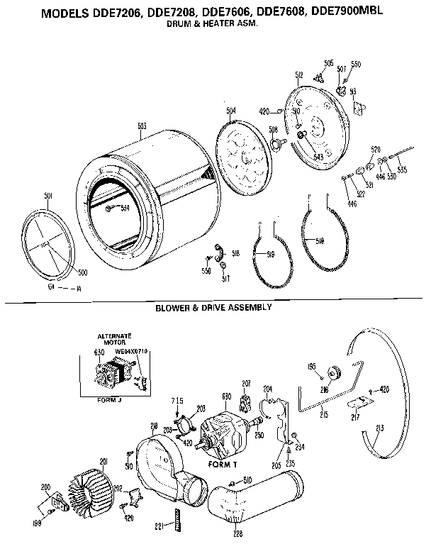GE DDE7208 drum/heater/blower and drive diagram