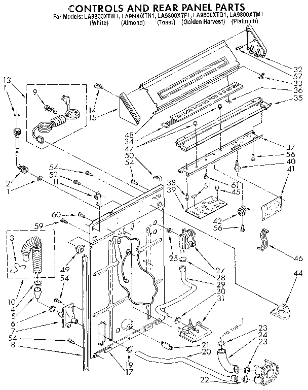 Whirlpool LA9800XTF1 controls and rear panel diagram