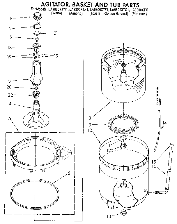 Whirlpool LA9800XTF1 agitator, basket and tub diagram