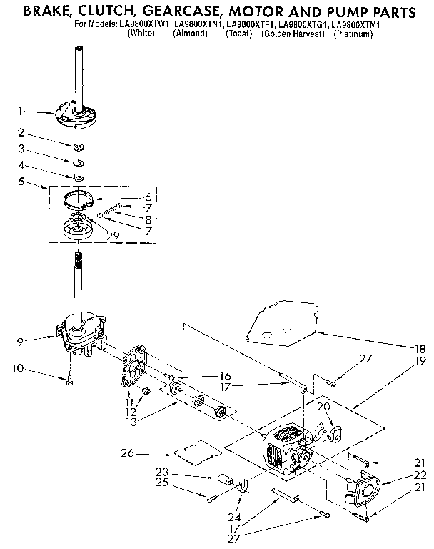 Whirlpool LA9800XTF1 brake, clutch, gearcase, motor and pump diagram