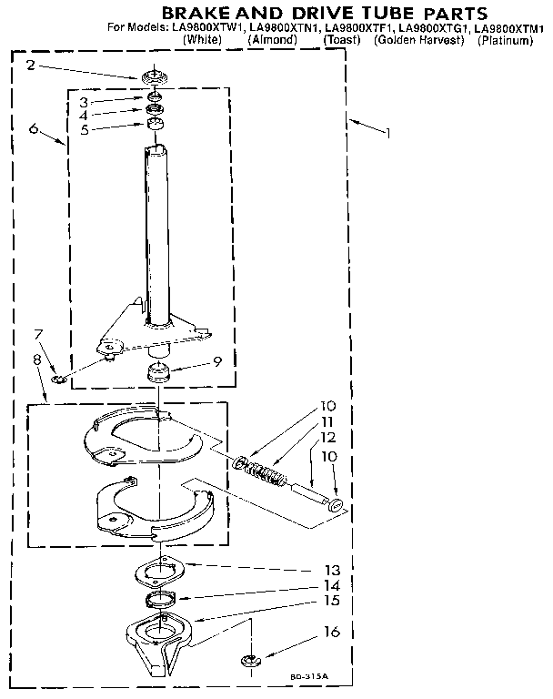 Whirlpool LA9800XTF1 brake and drive tube diagram