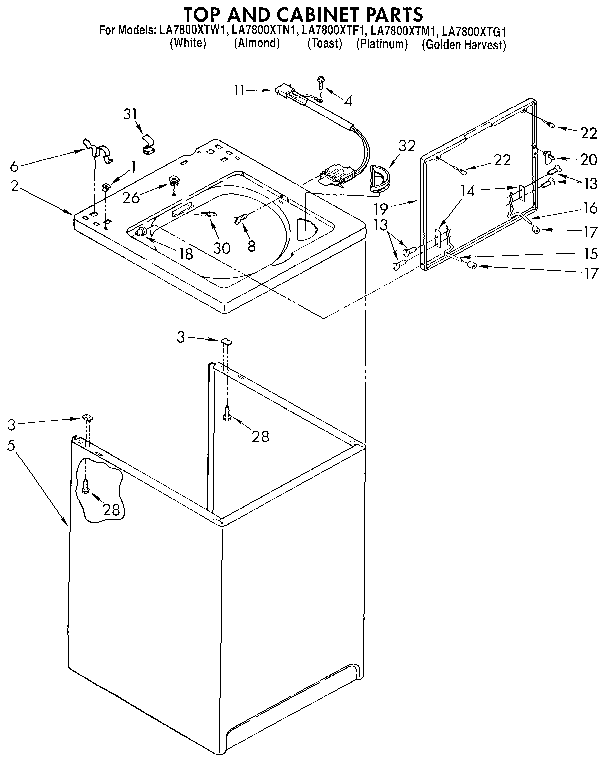 Whirlpool LA7800XTN1 top and cabinet parts diagram