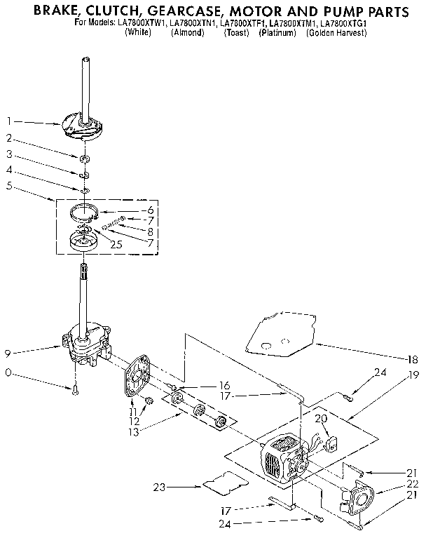 Whirlpool LA7800XTN1 brake, clutch, gearcase, motor and pump diagram