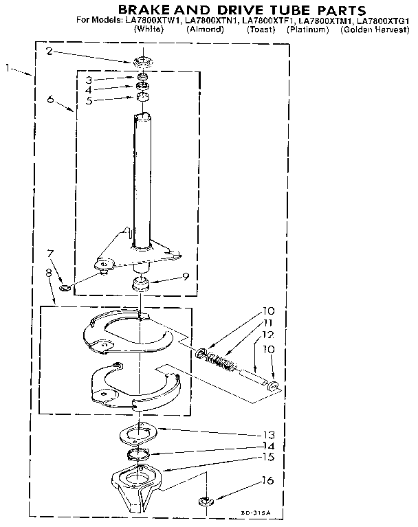 Whirlpool LA7800XTN1 brake and drive tube diagram