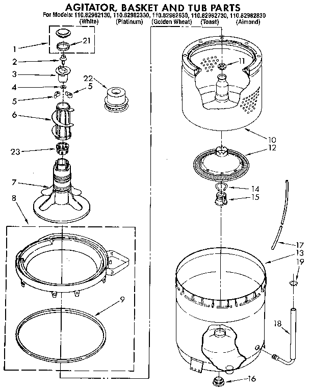 Kenmore 11082982330 agitator, basket and tub diagram