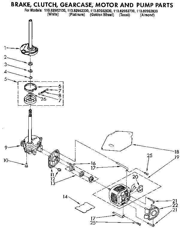 Kenmore 11082982330 brake, clutch, gearcase, motor and pump diagram
