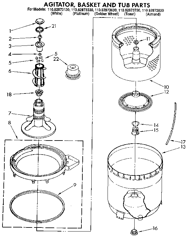 Kenmore 11082873730 agitator, basket and tub diagram