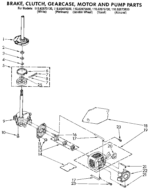 Kenmore 11082873730 brake, clutch, gearcase, motor and pump diagram