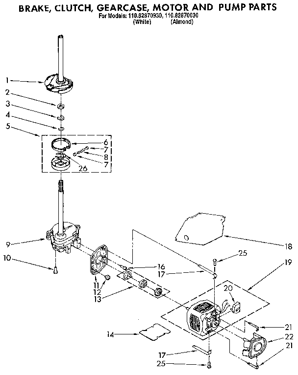 Kenmore 11082870930 brake, clutch, gearcase, motor and pump diagram