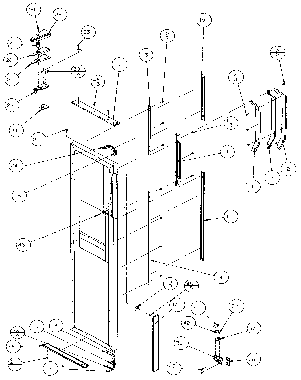 Amana 35541-P1121709W freezer door, hinge, and trim parts diagram