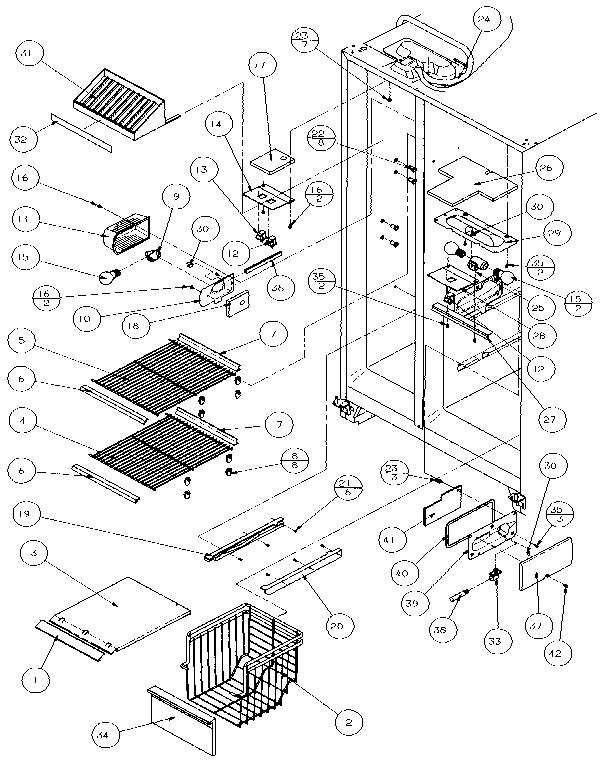 Amana 35541-P1121709W freezer shelving and refrigerator light diagram