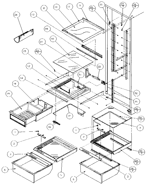 Amana 35541-P1121709W refrigerator shelving and drawers diagram