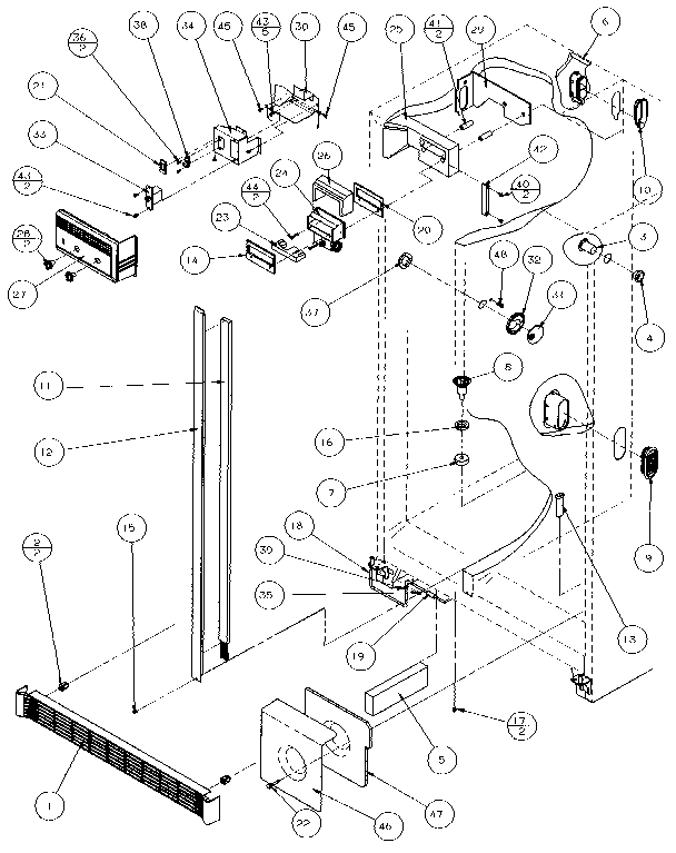 Amana 35541-P1121709W refrigerator, freezer controls, and cabinet diagram